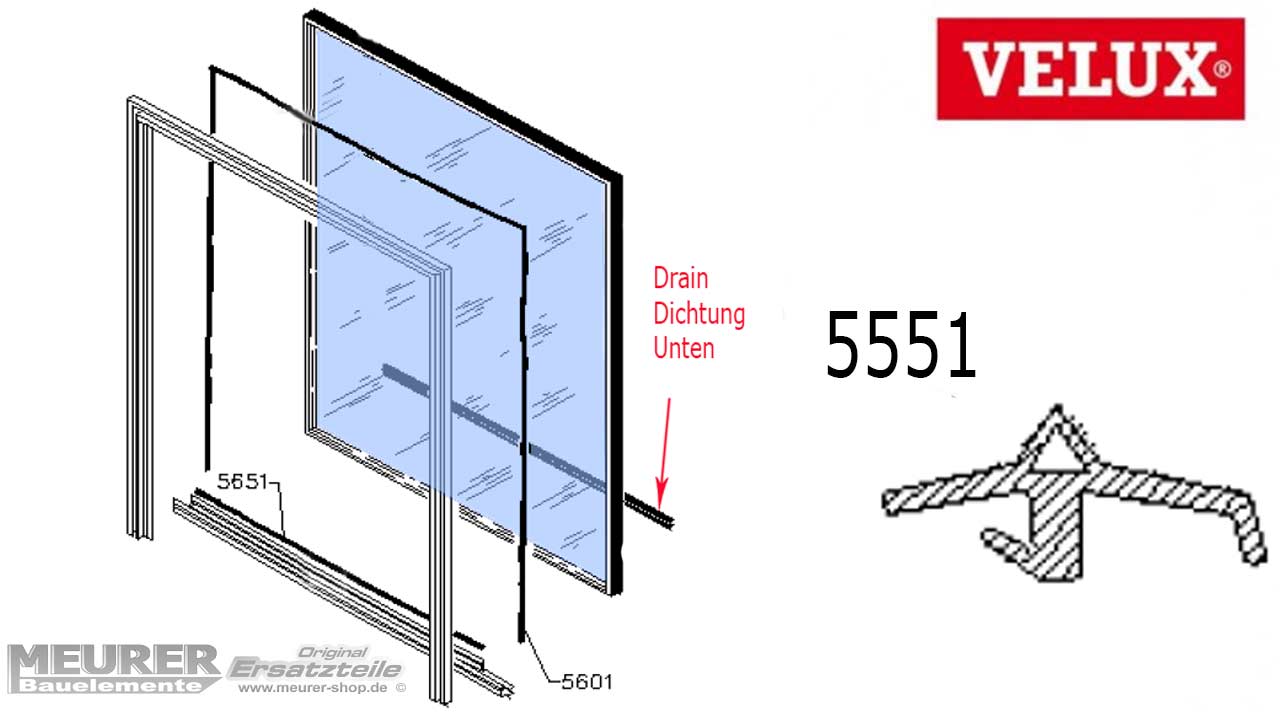 Velux Drain Dichtung 5551 Kunststoff Fensterflügel unten-5551 Kunststoff  lfdm